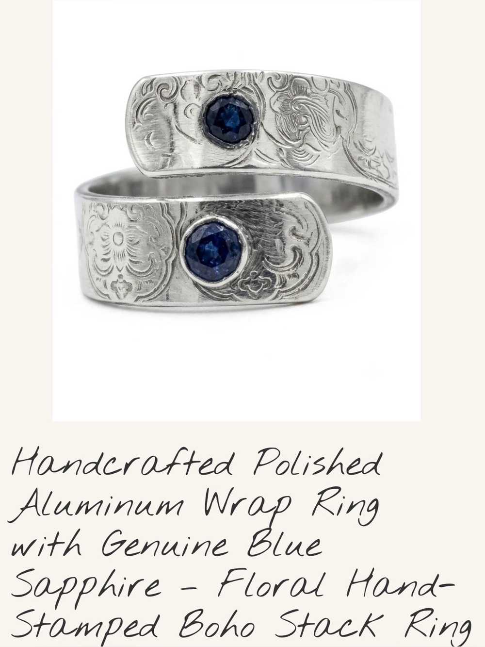Handcrafted Polished Aluminum Wrap Ring with Blue Sapphire
